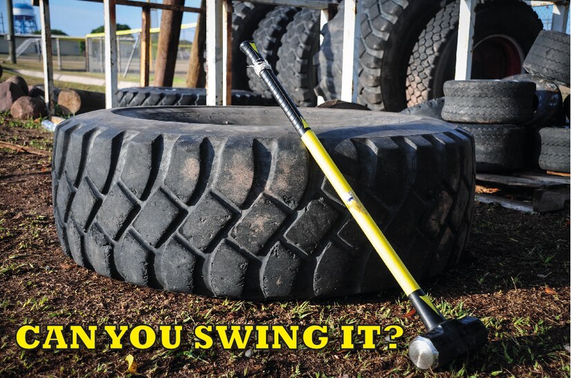 A sledge hammer leans against a tire at the hammer-swing station of a physical training session at Soto Cano Air Base, Honduras June 03, 2015. This is one of many exercises in the grueling workout know as “Sgt. Maj. PT,” a training session led JTF-B’s Command Sgt. Maj., Nelson Callahan, that encourages members to “lead by example, to break a sweat, to blast [their] core and to build unit cohesion” (U.S. Air Force graphic by Capt. Christopher Love).