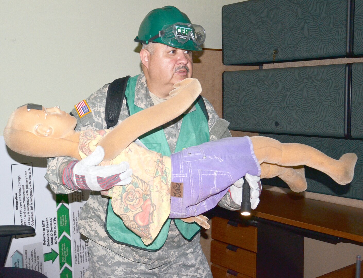 Army Master Sgt. Luis Lopez carries out a mock casualty during a search and rescue exercise May 27 at the U.S. Army Medical Command headquarters, Joint Base San Antonio-Fort Sam Houston.
Photo by Esther Garcia