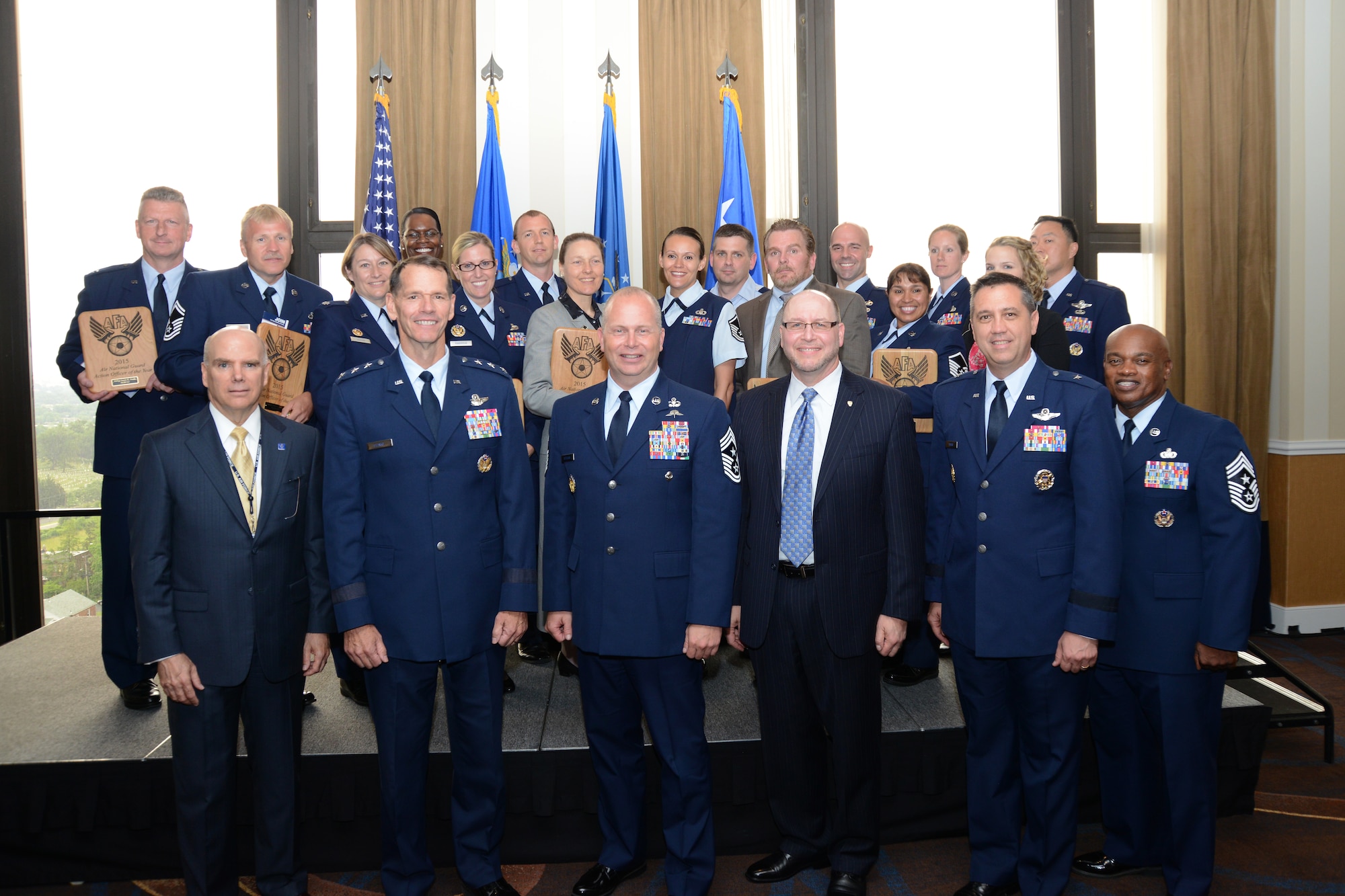 Air National Guard leadership and honorees pose at the 13th annual Air Force Association's Salute to the Air National Guard, held June 1 in Arlington, Virginia. The AFA's D. W. Steele Sr. Memorial Chapter honored 16 ANG members across a broad range of specialties for their dedication and outstanding contributions to the success of the ANG and the overall Air Force mission. (US Air National Guard photo by Staff Sgt. John E. Hillier/Released)