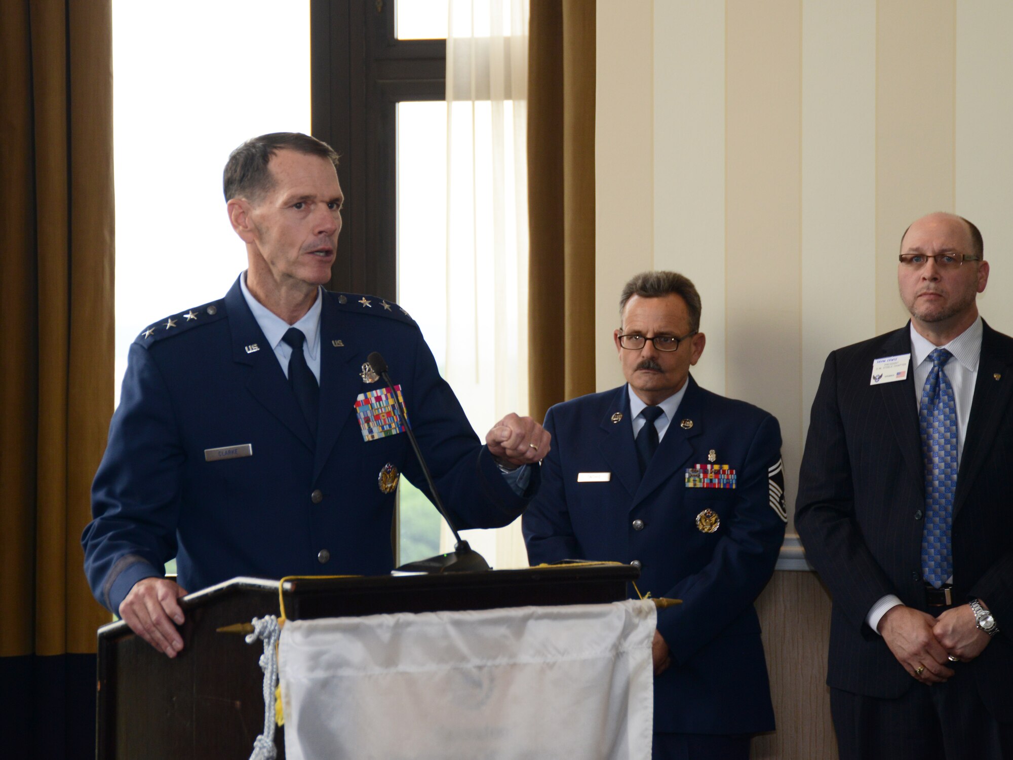 Director of the Air National Guard, Lt. Gen. Stanley E. Clarke III, outlines the numerous contributions that ANG members make to national defense every day at the Air Force Association's 13th annual Salute to the Air National Guard, held June 1 in Arlington, Virginia. The AFA honored 16 ANG members across a broad range of specialties for their dedication and outstanding contributions to the success of the ANG and the overall Air Force mission. (US Air National Guard photo by Staff Sgt. John E. Hillier/Released)