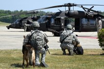 66th Security Forces Squadron Military Working Dog teams prepare to load a Mass. Army National Guard Blackhawk during Helicopter Emerging Training on the Hanscom flightline May 27. The SFS teams trained in three phases: First they practiced with no noise and the aircraft shutdown, next the teams practiced with the aircraft stationary and making noise, and the final component was flying with the teams on board. (U.S. Air Force photo by Linda LaBonte Britt)