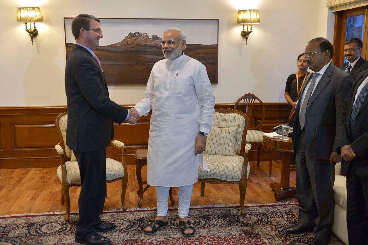 Defense Secretary Ash Carter, left, shakes hands with Indian Prime Minister Narendra Modi in New Delhi, June 3, 2015. Carter is on a 10-day trip to meet with partner nations and affirm U.S. commitment in the Asia-Pacific region. DoD photo by Glenn Fawcett