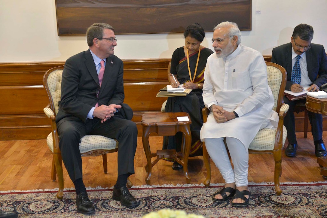 U.S. Defense Secretary Ash Carter, left, meets with Indian Prime Minister Narendra Modi in New Delhi, India, June 3, 2015.