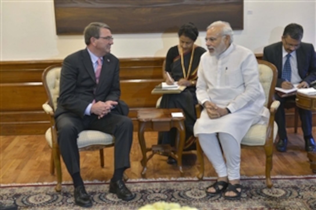 U.S. Defense Secretary Ash Carter, left, meets with Indian Prime Minister Narendra Modi in New Delhi, India, June 3, 2015. Carter also met with Minister of External Affairs Sushma Swaraj and Minister of Defense Manohar Parrikar on the final day of his visit to New Delhi.