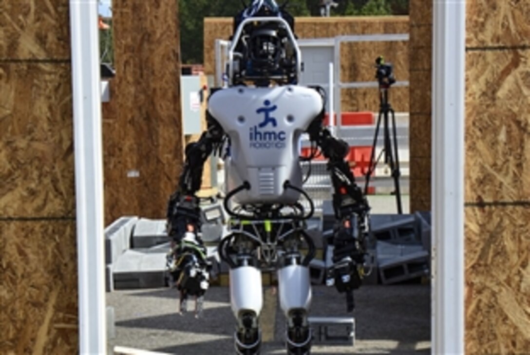A robot awaits competition in the robotics challenge through the Defense Advanced Research Projects Agency, known as DARPA, in Pomona, Calif., June 5-6, 2015. The event requires robots to attempt a circuit of physical tasks, with degraded communications between robots and operators. Twenty-four of the top robotics organizations in the world will compete for $3.5 million in prizes. Check out the DARPA Robotic Challenge finals website at: www.theroboticschallenge.org. 

