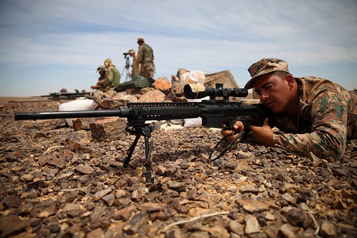 A soldier with the Jordanian Armed Forces sights through an HK-417 rifle during a bilateral live-fire exercise with 24th Marine Expeditionary Unit Marines during Exercise Eager Lion 2015 in Jordan, May 7, 2015. Eager Lion is a recurring multinational exercise designed to strengthen military-to-military relationships, increase interoperability between partner nations, and enhance regional security and stability. The 24th MEU is embarked on the ships of the Iwo Jima Amphibious Ready Group and deployed to maintain regional security in the U.S. 5th Fleet area of operations. (U.S. Marine Corps photo by Lance Cpl. Austin A. Lewis/Released)
