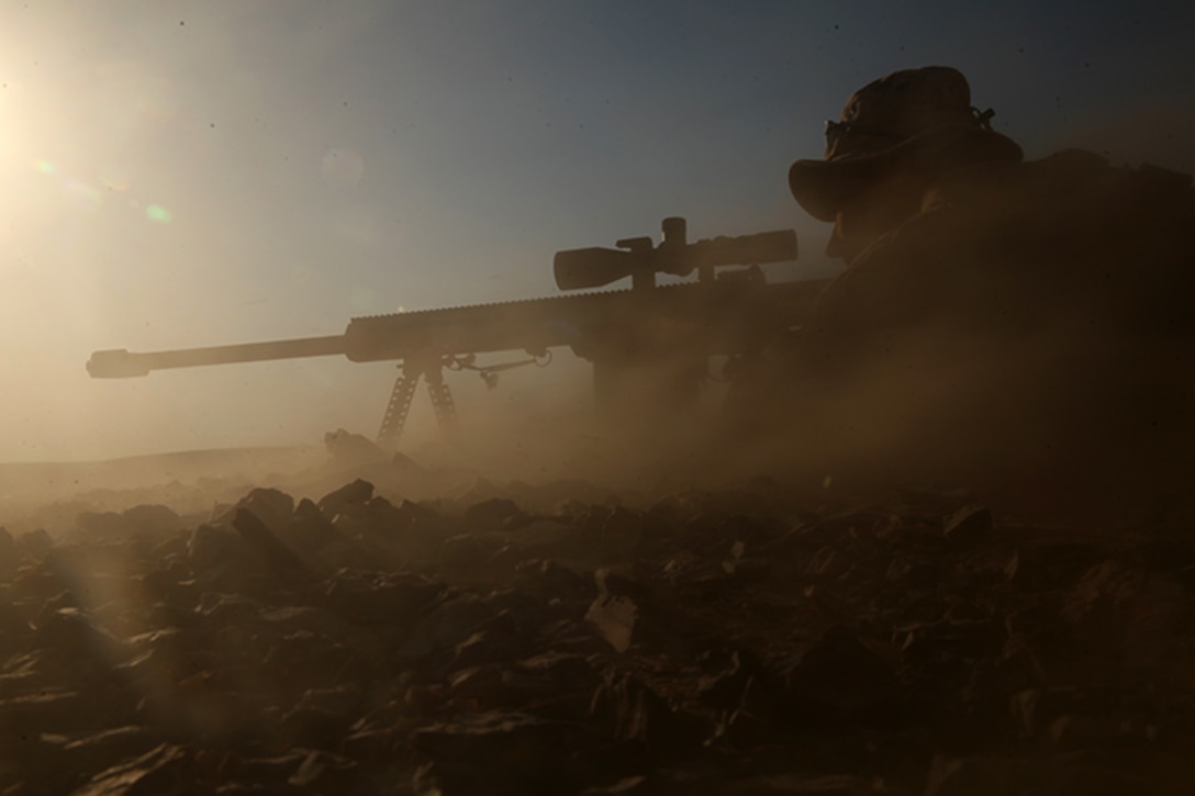 Sergeant Phillip S. Lilly, a scout sniper with Weapons Company, Battalion Landing Team 3rd Battalion, 6th Marine Regiment, 24th Marine Expeditionary Unit, fires an M110 semi-automatic sniper system during a bilateral live-fire exercise as part of Exercise Eager Lion 2015 in Jordan, May 7, 2015. Eager Lion is a recurring multinational exercise designed to strengthen military-to-military relationships, increase interoperability between partner nations, and enhance regional security and stability. The 24th MEU is embarked on the ships of the Iwo Jima Amphibious Ready Group and deployed to maintain regional security in the U.S. 5th Fleet area of operations. (U.S. Marine Corps photo by Lance Cpl. Austin A. Lewis/Released)