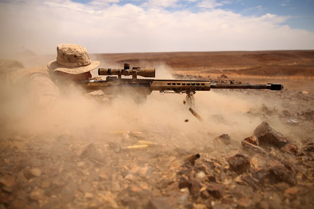Corporal Drew Eyre, a scout sniper with Weapons Company, Battalion Landing Team 3rd Battalion, 6th Marine Regiment, 24th Marine Expeditionary Unit, fires an M107 Special Application Scope Rifle, or SASR, during a bilateral live-fire exercise with the Jordanian armed forces during Exercise Eager Lion 2015 in Jordan, May 7, 2015. Eager Lion is a recurring multinational exercise designed to strengthen military-to-military relationships, increase interoperability between partner nations, and enhance regional security and stability. The 24th MEU is embarked on the ships of the Iwo Jima Amphibious Ready Group and deployed to maintain regional security in the U.S. 5th Fleet area of operations. 