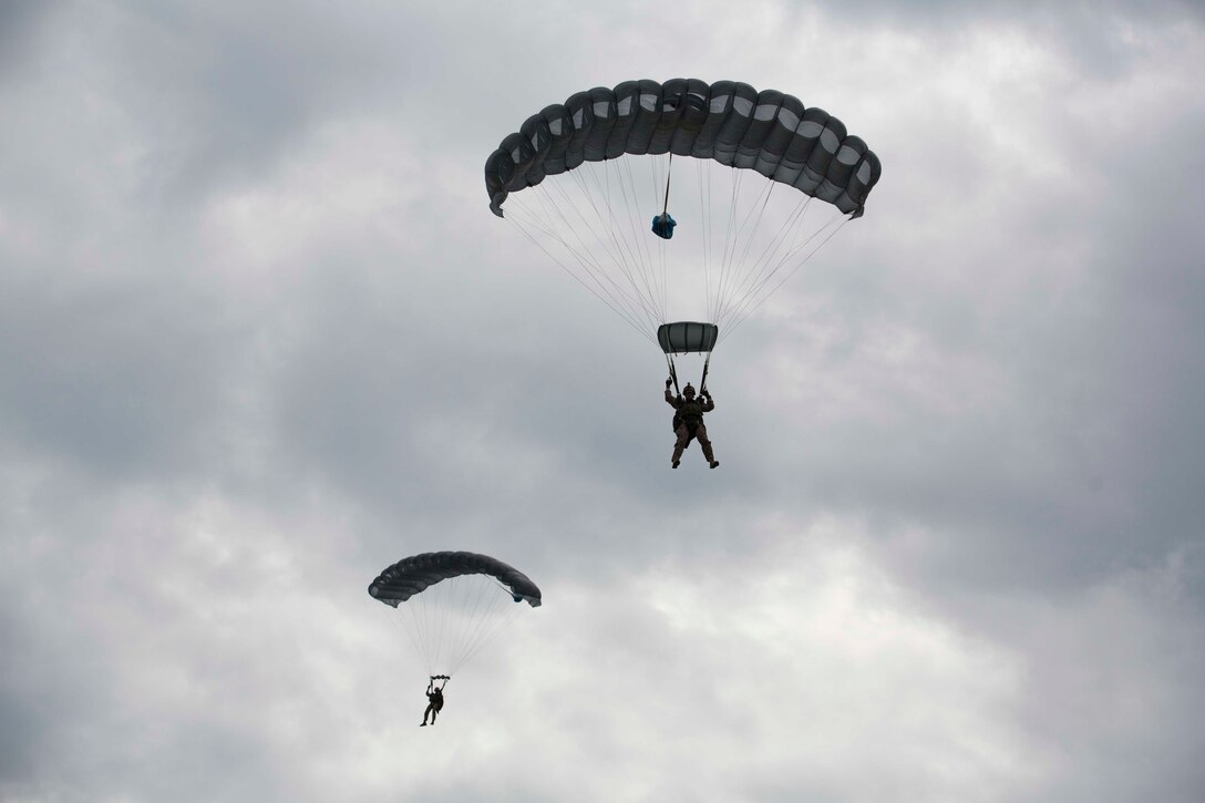 U.S. Marines assigned to Force Reconnaissance Platoon, Maritime Raid Force, 26th Marine Expeditionary Unit (MEU), conduct a high altitude low opening (HALO) jump during category 3 sustainment training in Louisburg, N.C., June 2, 2015. The training allowed the Marines to practice proper techniques and procedures while in preparation for deployment to the 5th and 6th Fleet area of responsibility later this year. (U.S. Marine Corps photo by Cpl. Andre Dakis/26th MEU Combat Camera/Released)