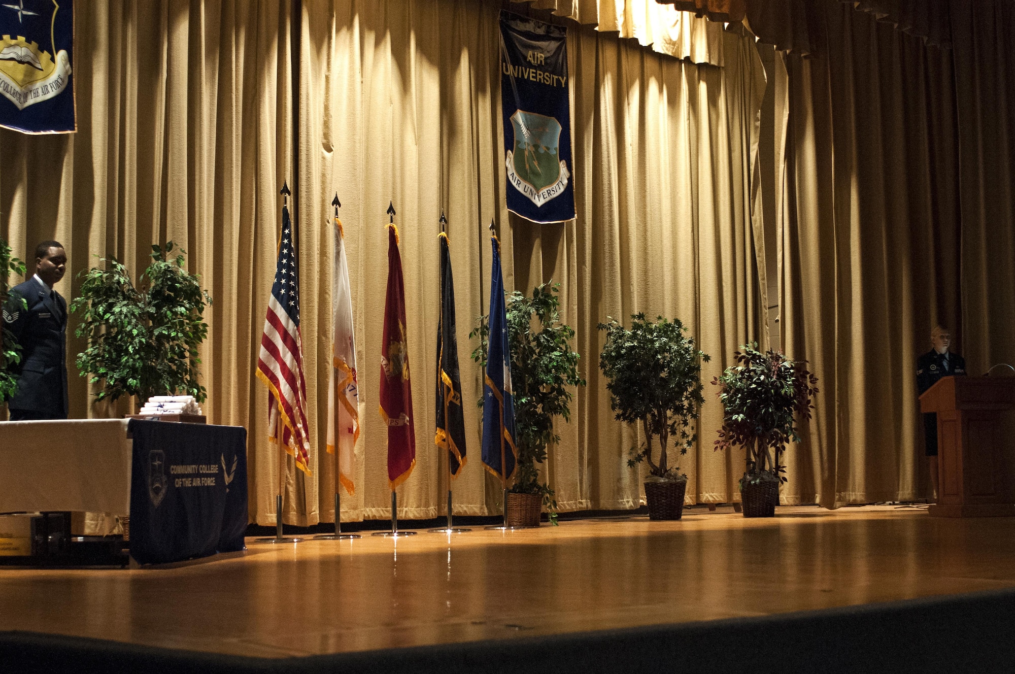 The stage awaiting the arrival of the official party to begin the Community College of the Air Force graduation ceremony at the base theater on Goodfellow Air Force Base, Texas, May 8, 2015. The ceremony also included the Pitsenbarger awards and Powell Warrior award. (U.S. Air Force photo by Senior Airman Scott Jackson)