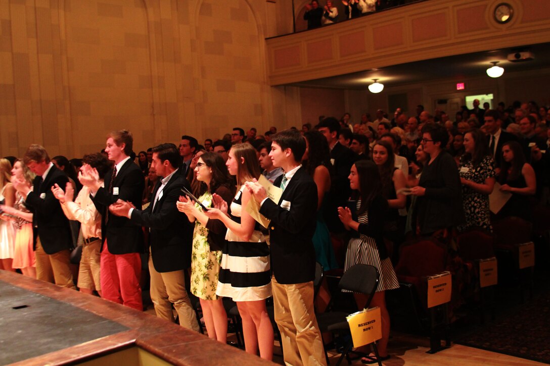 150521-M-BN069-016
Students and staff of Grosse Pointe South High School give a standing ovation to Scott Brooks, a recipient of the 150,000 Naval Reserve Officers' Training Corps scholarship during a presentation ceremony at the high school in Grosse Pointe Farms, Michigan, May 21, 2015. The NROTC scholarship is a program to educate and train qualified young men and women as commissioned officers in the Navy or Marine Corps that pays for the full cost of tuition. Brooks was one of only six students presented the award by RS Detroit, which he is slated to use at University of Wisconsin with the pursuit of a degree in mechanical engineering. (U.S. Marine Corps photo by Cpl. J. R. Heins/Released)
