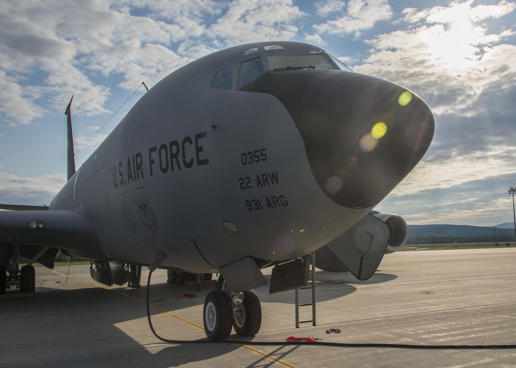 A 22nd Air Refueling Wing KC-135 Stratotanker from McConnell Air Force Base, Kan., is prepped for an exercise Amalgam Dart 15-2 aerial refueling mission May 29, 2015, at Eielson AFB, Alaska. During Amalgam Dart, U.S. Air Force KC-135s, alongside Royal Canadian Air Force CC-130T Hercules and CC-150T Polaris tanker crews, had numerous opportunities to practice bilateral aerial refueling with aircraft ranging from U.S. Air Force F-15 Eagles and RCAF CF-18 Hornets, to U.S. Air Force F-22 Raptors, an E-3 Sentry (AWACS) and a B-52H Stratofortress. (U.S. Air Force photo/Staff Sgt. Benjamin W. Stratton)