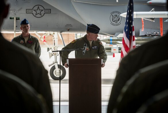Col. Brian McCarthy, 366th Operations Group commander, addresses the audience and formation during the 366th OG change of command ceremony at Mountain Home Air Force Base, Idaho, June 2, 2015. McCarthy reminded airmen about their importance to the greater mission, something McCarthy is already familiar with from two previous assignments with the Gunfighters. (U.S. Air Force photo/Tech. Sgt. Samuel Morse)