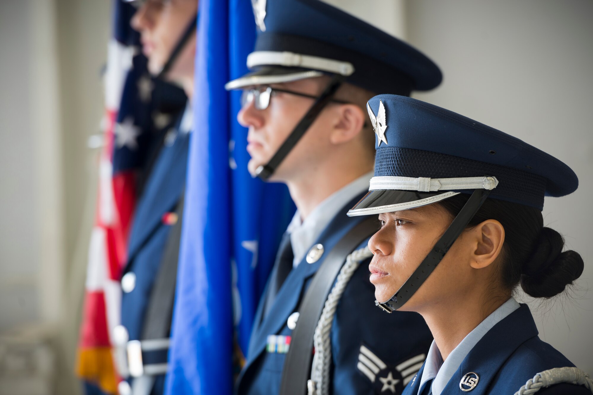 Base honor guardsmen stand ready before the 366th Operations Group change of command ceremony at Mountain Home Air Force Base, Idaho, June 2, 2015. (U.S. Air Force photo/Tech. Sgt. Samuel Morse)