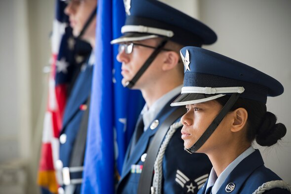 Base honor guardsmen stand ready before the 366th Operations Group change of command ceremony at Mountain Home Air Force Base, Idaho, June 2, 2015. (U.S. Air Force photo/Tech. Sgt. Samuel Morse)