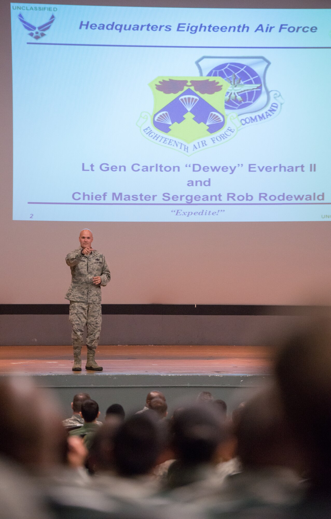 Lt. Gen. Carlton D. Everhart II, 18th Air Force commander, and Command Chief Master Sgt. Robert Rodewald, 18th Air Force command chief master sergeant, visited Travis AFB, Calif., June 2-3, 2015. During the visit, the leaders learned about the diverse missions of the 60th Air Mobility Wing, 349th AMW and the 621st Contingency Response Wing. During an all-call with more than 400 Airmen, Everhart and Rodewald emphasized the importance of developing expertise in one's job, balancing work and family life, and supporting fellow Airmen who look to them for leadership and guidance. (U.S. Air Force photo by Ken Wright)