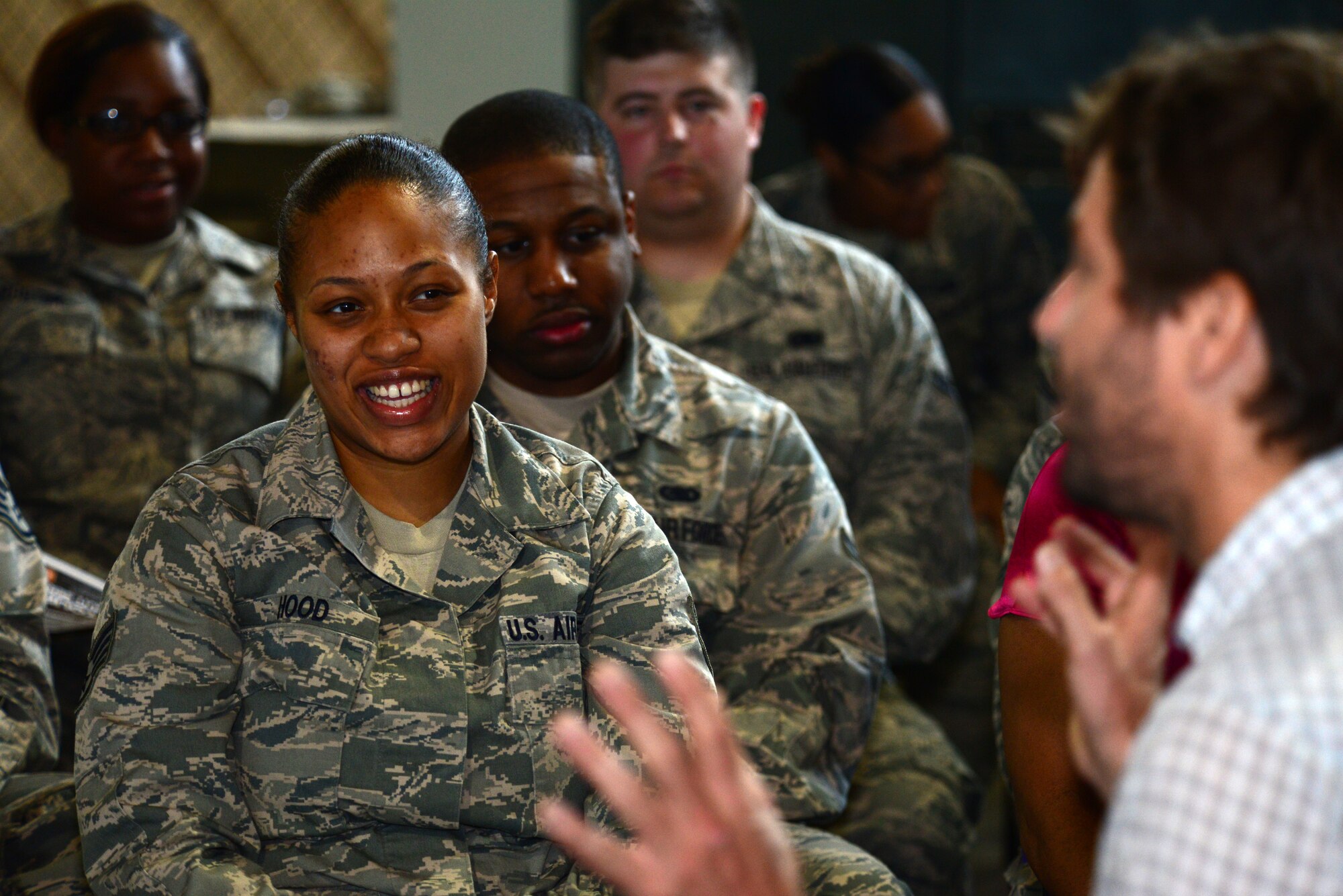 Ray Johnston, a musician and cancer survivor, shares his story with 2nd Logistics Readiness Squadron Airmen on Barksdale Air Force Base, Louisiana, June 3, 2015. Johnston spent two days with Barksdale Airmen as a part of the American 300 tour. (U.S. Air Force photo/Airman 1st Class Luke Hill)