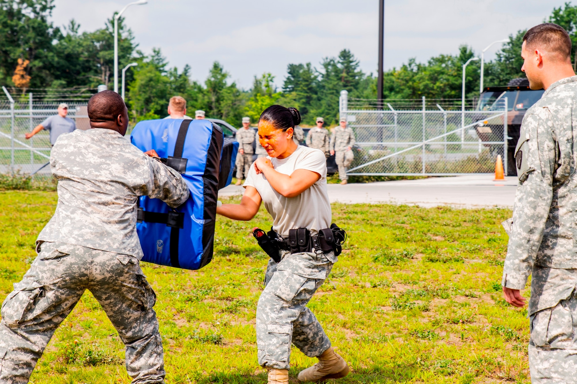 New York Army National Guard Private 1st Class Vannesa Rivera, 107th Military Police Company, goes through a hand-to-hand defense drill during an annual training exercise in 2014. National Guard units from throughout the tri-state area frequently conduct training at the joint base. (Courtesy photo)