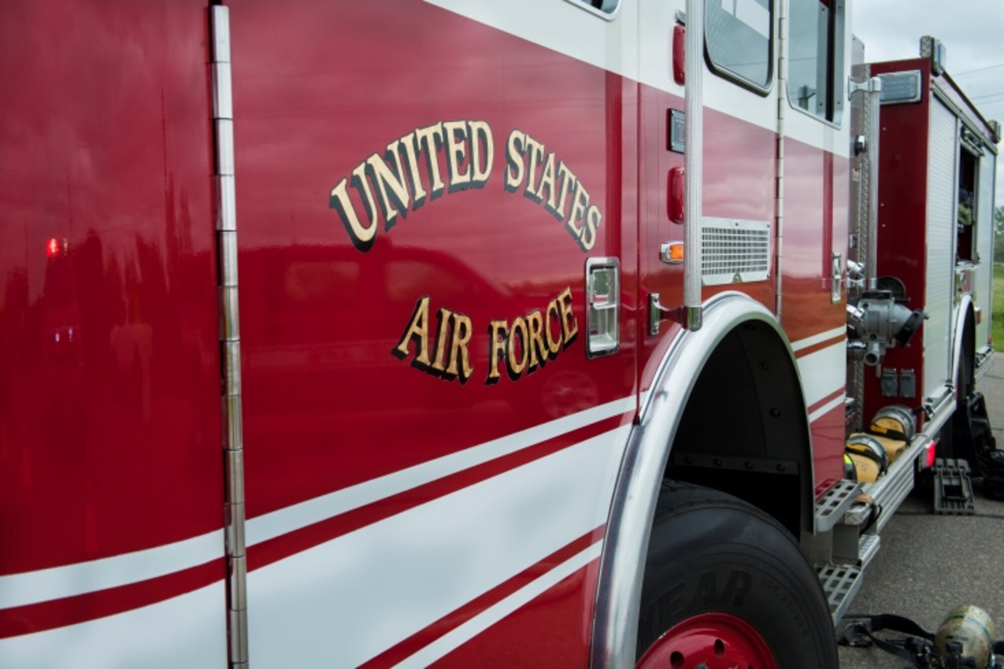 A fire truck from the 5th Civil Engineer Squadron, stands ready during Exercise Prairie Rampart 15-2 at Minot Air Force Base, N.D., May 29, 2015. Prairie Rampart tested the timeliness and efficiency of first responders in a hazardous material situation. (U.S. Air Force photo/Airman 1st Class Christian Sullivan)