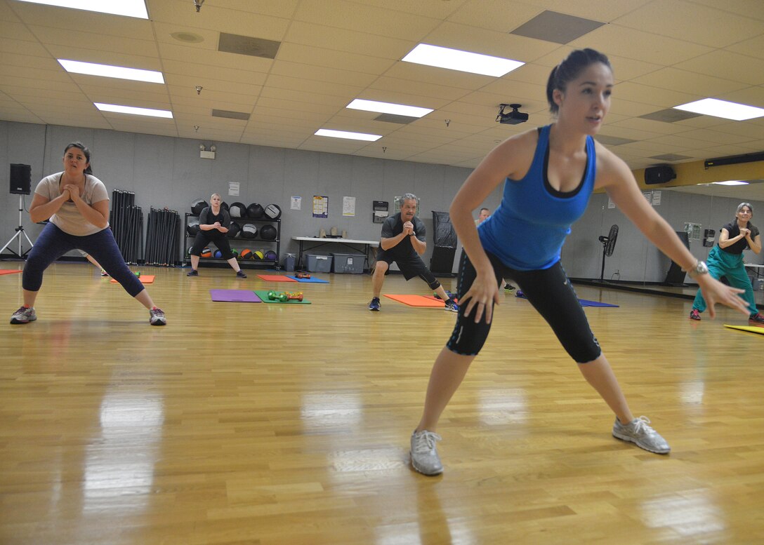 Audri Saylors, a certified fitness instructor, teaches a "Basic Training" fitness class every Monday at 3 p.m. at the East Fitness Center. (Photo by Todd Berenger)
