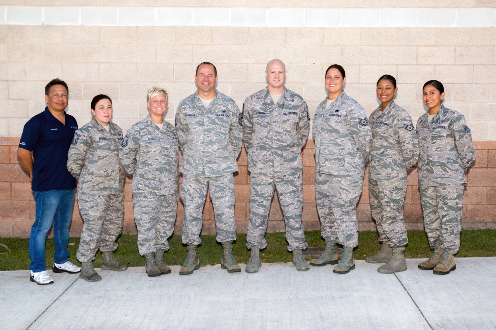 Recruiting at the 482nd Fighter Wing was recognized as the first recruiting team to reach their recruiting goal for 2015. From left to right, Mike Guerrero, Administrative Assistant, Master Sgt. Jennifer Trimble, Chief, Career Development, 482nd Force Support Squadron; Master Sgt. Tracey Barry, Hialeah Lead Recruiter; Master Sgt. Angel Sacarello, Kendall Line Recruiter, Senior Master Sgt. Michael Johnson, Flight Chief; Tech. Sgt. Erin Debourg, Margate Line Recruiter; Staff Sgt. Alexandra Villacreses, Homestead Line Recruiter; Tech. Sgt. Ana Roman, Development and Training Flight.