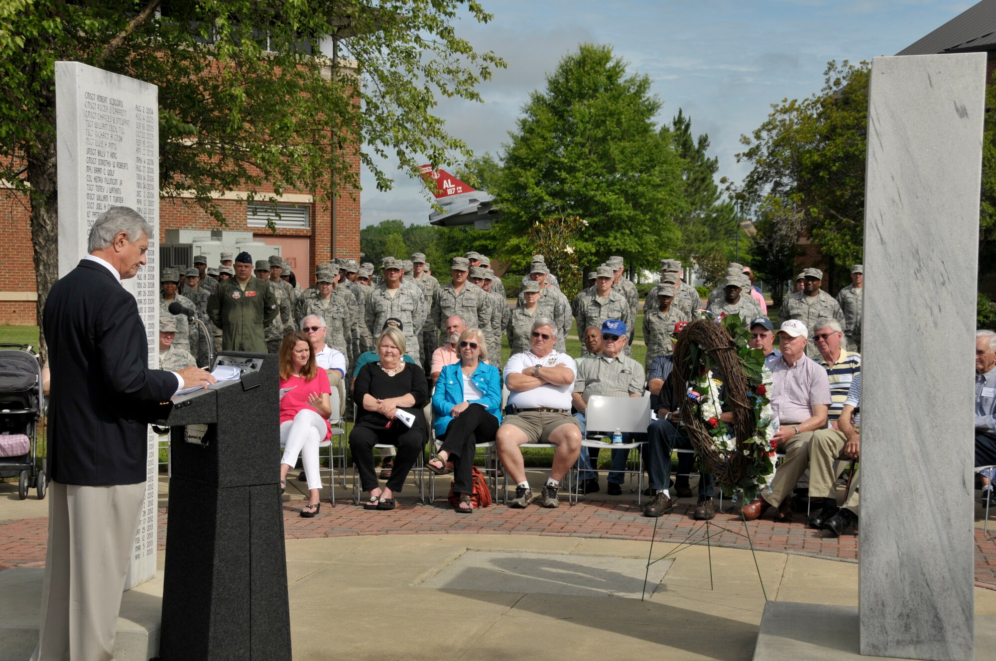 Air National Guard Maj. (Ret.) Gen. Marvin S. “Scott” Mayes delivered the keynote address at the 187th Fighter Wing Memorial Ceremony, Dannelly Field Air National Guard Base, May 28, 2015. During the ceremony 187th Fighter Wing members, along with veterans and family, took a moment to pay respect to six unit members who died in the past year. (U.S. Air National Guard photo by Tech. Sgt. Matthew Garrett / Released)