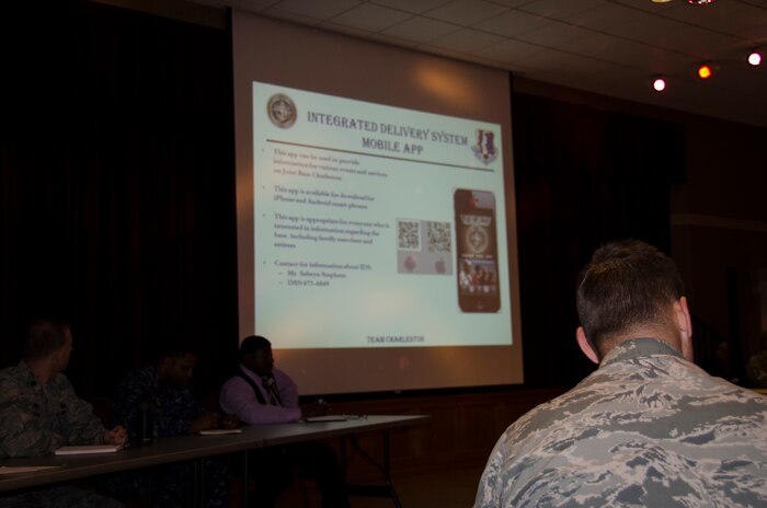 The Integrated Delivery System Mobile App was introduced during the Quality of Life Council Meeting, June 3, 2015 at Joint Base Charleston – Weapons Station, S.C. The app was created to provide information about various events and services at Joint Base Charleston. The Quality of Life Council  solicits information from base personnel to identify problems and to  improve base services. (U.S. Air Force photo/Staff Sgt. AJ Hyatt)
