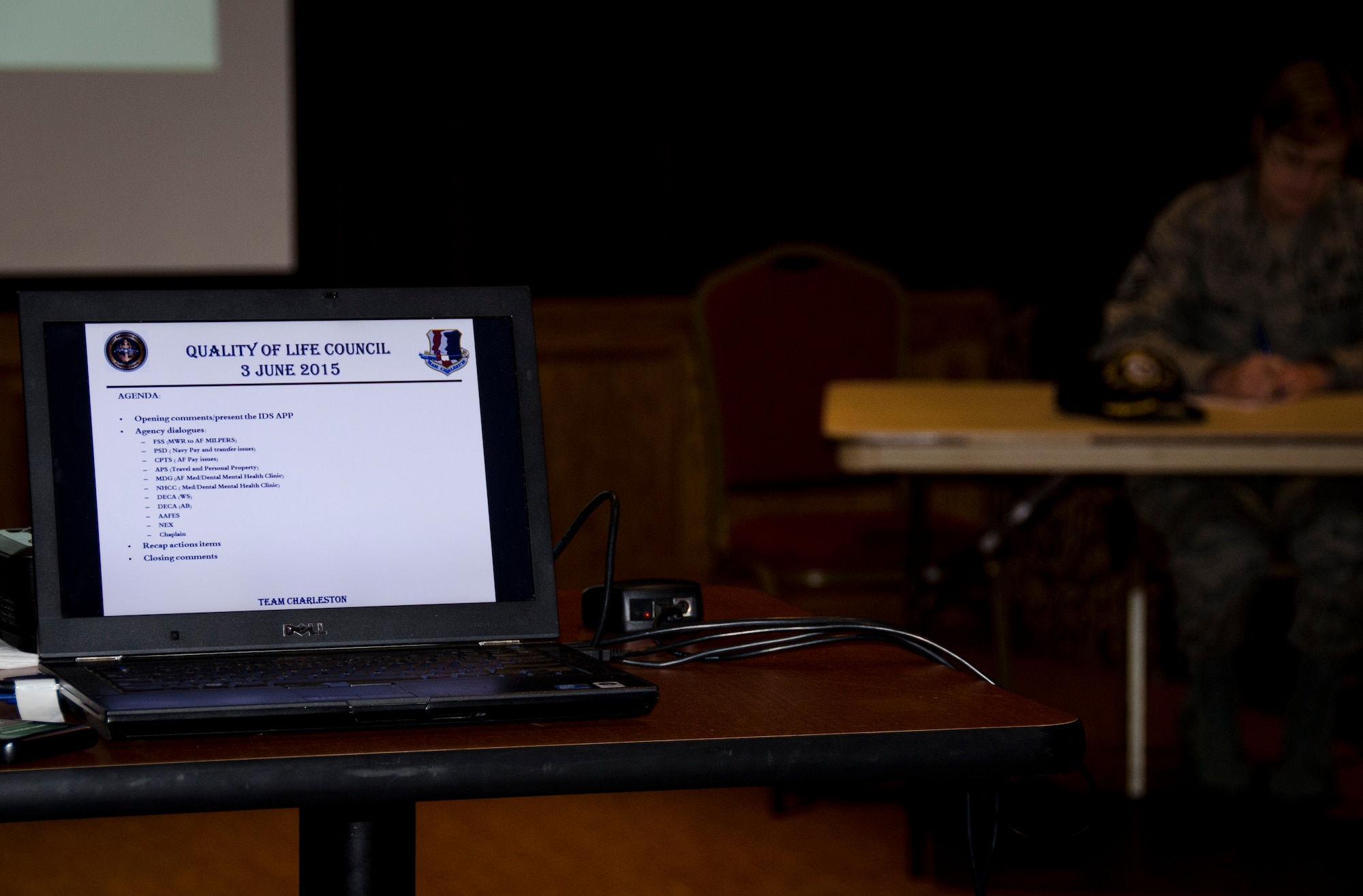 A Quality of Life Council Meeting was held June 3, 2015 at Joint Base Charleston – Weapons Station, S.C. The meeting offered military servicemembers and their family members an opportunity to provide feedback directly to the supporting agencies on Joint Base Charleston. The following agencies were represented: 628th Force Support Squadron, 628th Comptroller Squadron, 437th Aerial Port Squadron, 628th Medical Group, Naval Health Clinic Charleston, Weapons Station Commissary and the Chapel. (U.S. Air Force photo/Staff Sgt. AJ Hyatt)
