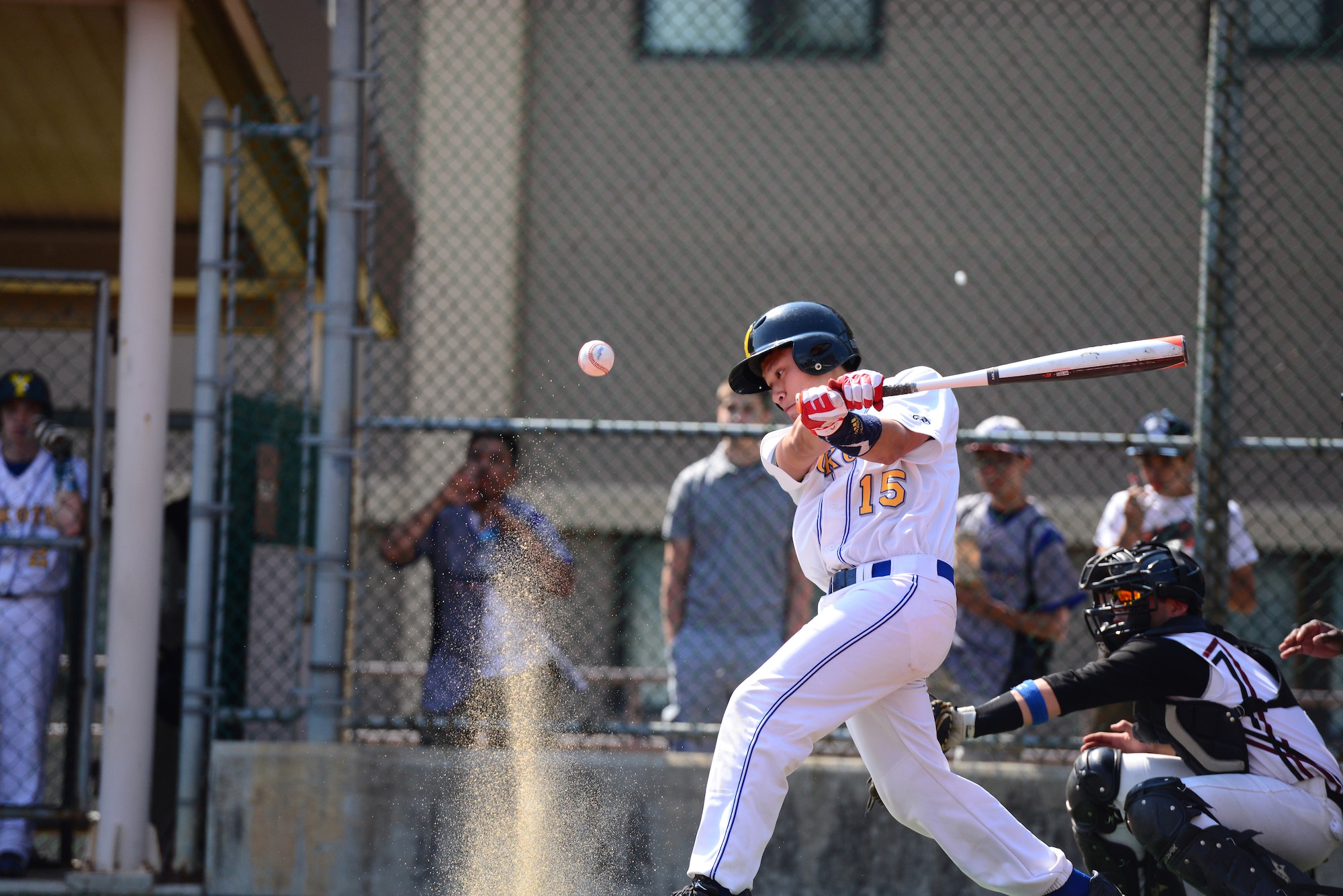 Yokota High School's Panthers of Yokota Air Base, Japan, battle it out with the Zama American High School Trojans from Camp Zama, Japan, in the Pacific Far East Division II baseball tournament at May 20, 2015, at Osan Air Base, Republic of Korea. Yokota won against the defending champions Zama in a double elimination game with a final score of 3-0.
(USAF photo by Staff Sgt. Amber Grimm)