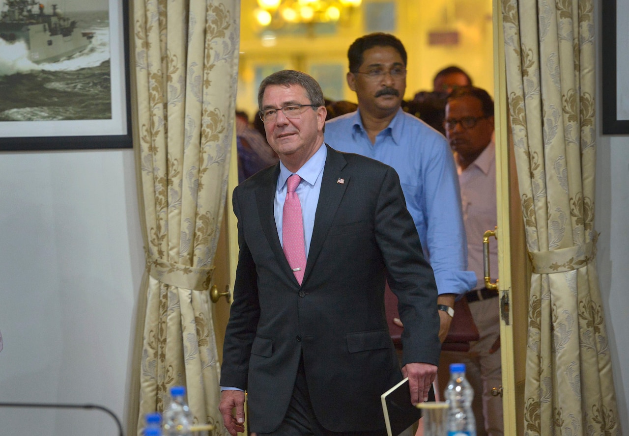 U.S. Defense Secretary Ash Carter arrives for a meeting with India's Minister of Defense Manohar Parrikar on the final day of his visit to New Delhi, India, June 3, 2015. DoD photo by Glenn Fawcett
