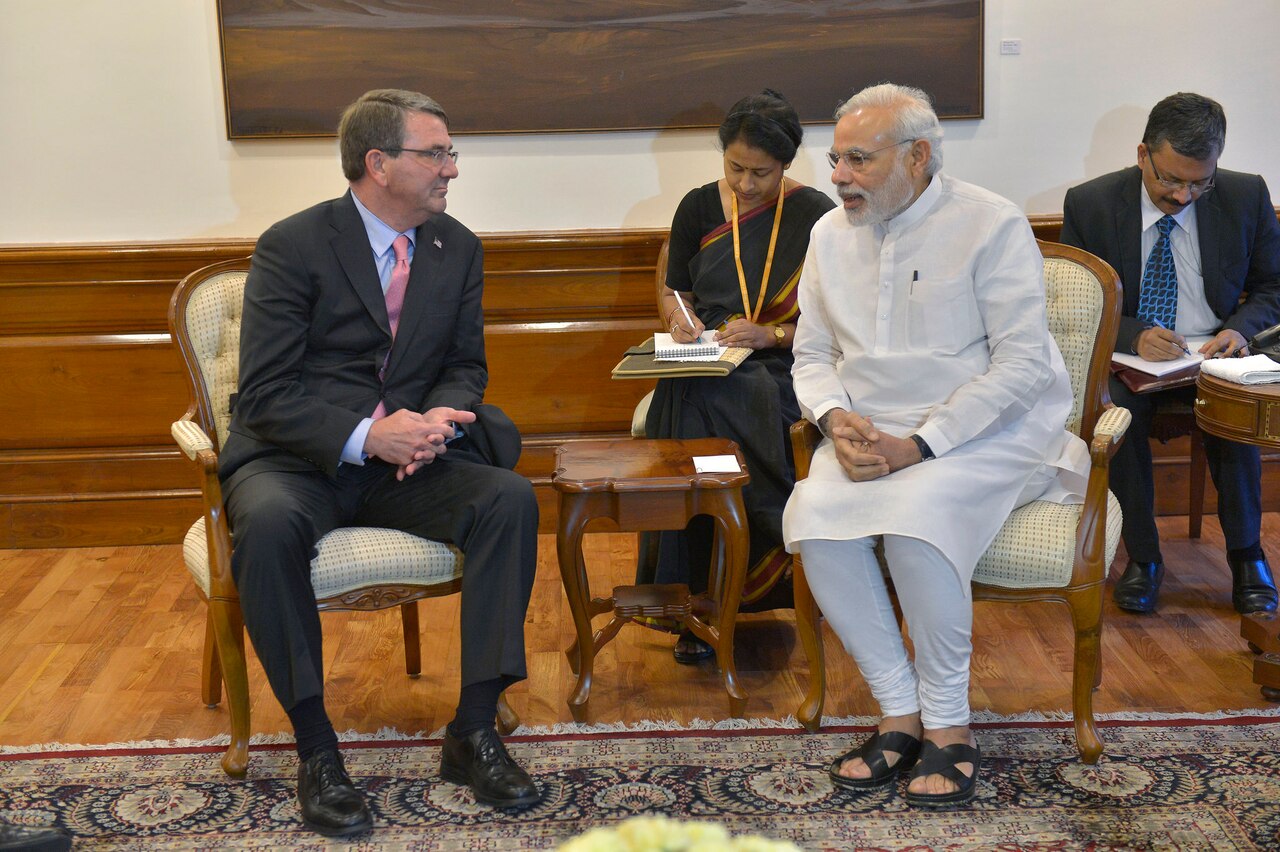 U.S. Defense Secretary Ash Carter, left, meets with Indian Prime Minister Narendra Modi in New Delhi, June 3, 2015. Carter is on a 10-day trip to meet with partner nations and affirm U.S. commitment in the Asia-Pacific region. DoD photo by Glenn Fawcett