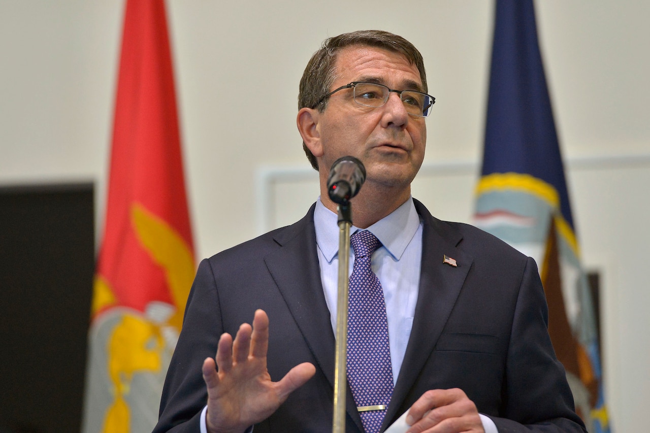 U.S. Defense Secretary Ash Carter delivers remarks during a troop event at U.S. Africa Command headquarters in Stuttgart, Germany, June 4, 2015. Carter is wrapping up a 10-day trip that also took him to the Asia-Pacific region, where he met with allies and partners to advance the next phase of the rebalance. DoD photo by Glenn Fawcett