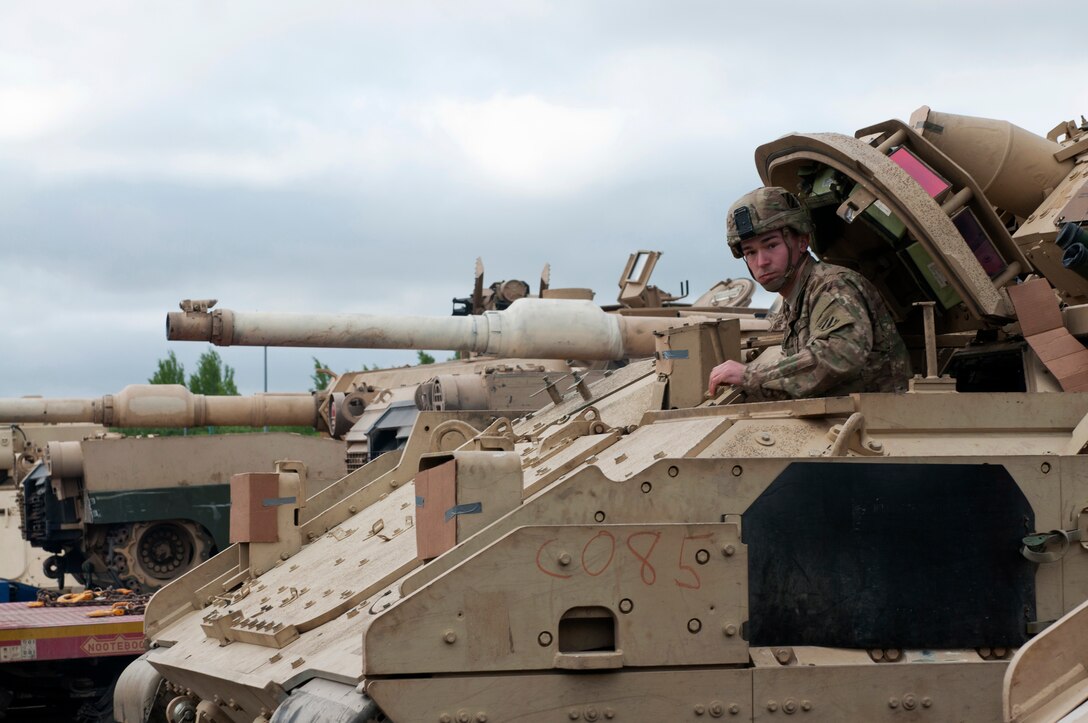 U.S. Army Spc. Austin Harrison powers down an M2A3 Bradley Fighting Vehicle on Tapa Army Base, Estonia, June 4, 2015. Harrison is part of Team Latvia, which will spend the next few days preparing for and training in Operation Able Falcon. Harrison is a driver assigned to the 2nd Battalion, 7th Infantry Regiment, 1st Armored Brigade Combat Team, 3rd Infantry Division, Bravo Company on Fort Stewart, Ga.