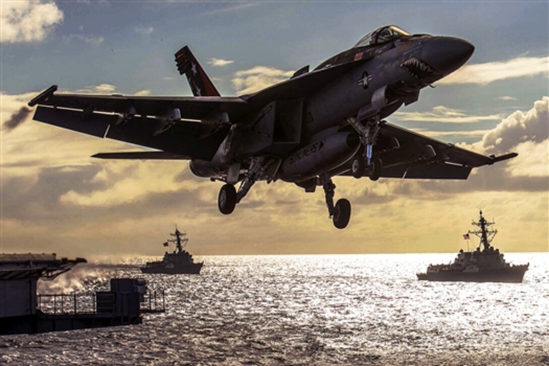 An F/A-18E Super Hornet launches from the aircraft carrier USS Carl Vinson during an air-power demonstration in the Pacific Ocean, May 31, 2015. The Vinson and Carrier Air Wing 17 are in the 3rd Fleet area of operations returning to homeport after a Middle East and Western Pacific deployment. The Super Hornet is assigned to Strike Fighter Squadron 81. 