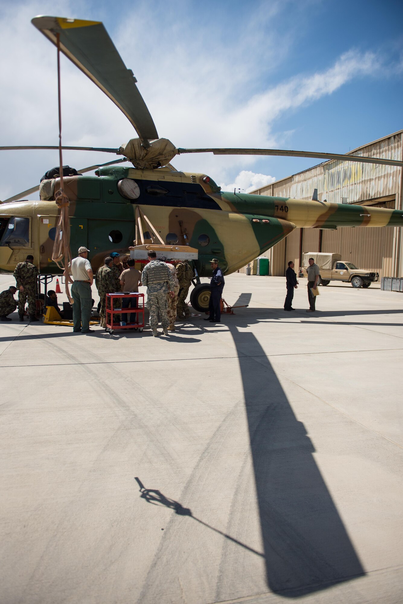 A prototype boresight rack adapter is installed on an Afghan Air Force Mi-17 helicopter at Kabul Air Wing, Afghanistan, May 18, 2015. The boresight rack adapter will be used by the AAF in order to accurately be able to sight their weapons system on their Mi-17 helicopters. (U.S. Air Force photo by Tech. Sgt. Joseph Swafford/Released)