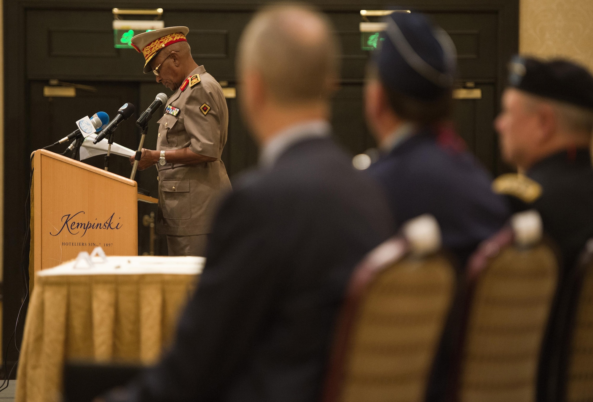 Maj. Gen. Zakaria Cheik Ibrahim, the Djiboutian Armed Forces (FAD) chief of defense, speaks at the Kentucky National Guard and FAD State Partnership Program agreement signing ceremony at the Kempinski Hotel, Djibouti, June 2, 2015. Zakaria spoke about the strong partnership between the U.S. and Djibouti that began with both countries’ commitment to fight terrorism after 9/11, which led to the American presence at Camp Lemonnier, Djibouti. (U.S. Air Force photo/Staff Sgt. Nathan Maysonet)