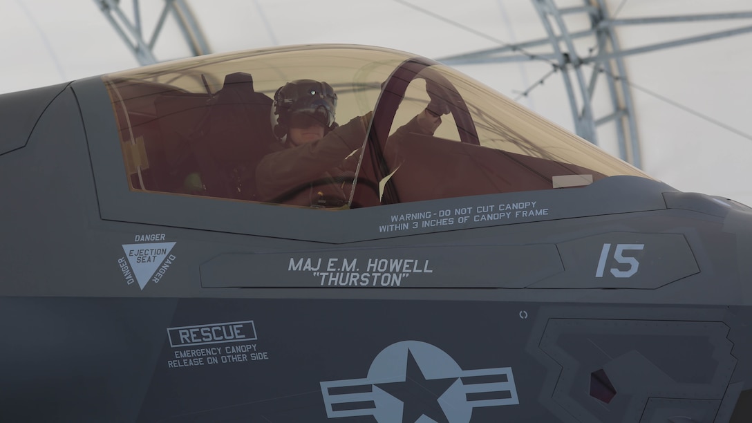 A pilot with Marine Fighter Attack Training Squadron 501 taxies an F-35B Lightning II after returning from the first operational test of the F-35B on board the USS Wasp, May 29. The operational testing is executed to assess the integration of the F-35B, which is scheduled to replace all Marine tactical jet aircraft.