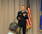 Chief Master Sgt. Danny Doucette, commandant of the United States Air Force First Sergeants Academy, talks with guests after assuming his current position at Maxwell AFB, Gunter Annex, Alabama, May 27, 2015.  Doucette becomes the first Air National Guard member to hold the position of commandant while the Air Force progresses towards total force integration.  