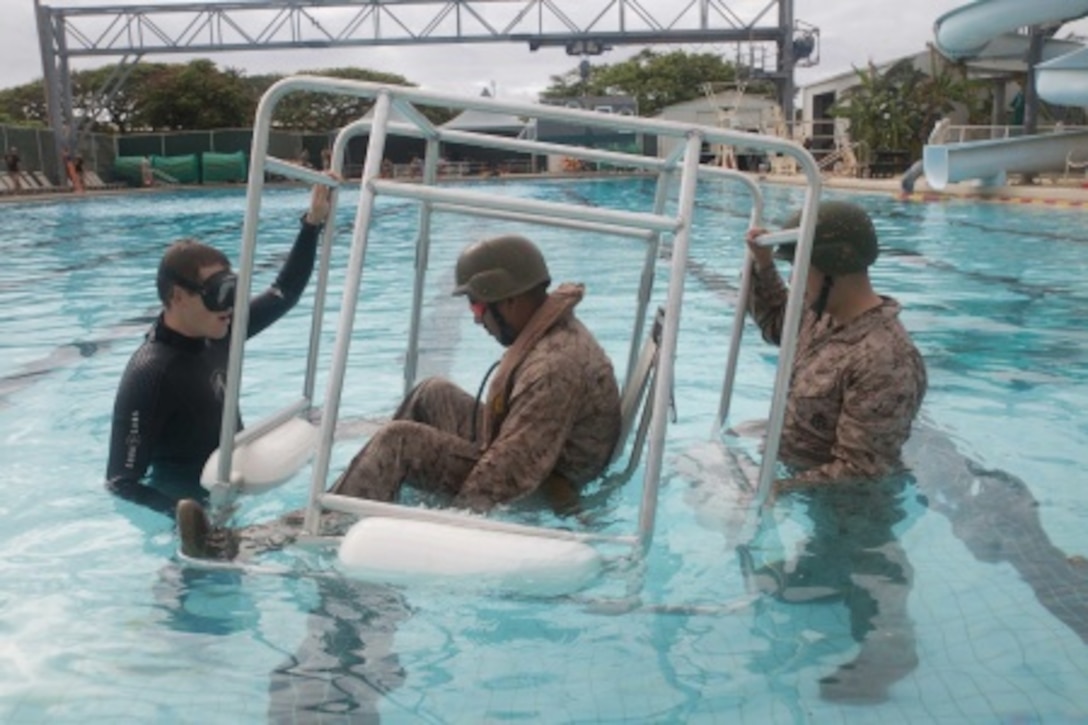 Cpl. Manuel Concreras, a wireman with 2nd Battalion, 3rd Marine Regiment, prepares to be submerged during Shallow Water Egress Training June 3, 2015 at the base pool aboard marine Corps Base Hawaii. The course teaches Marines how to escape from an aircraft after an emergency water landing. 