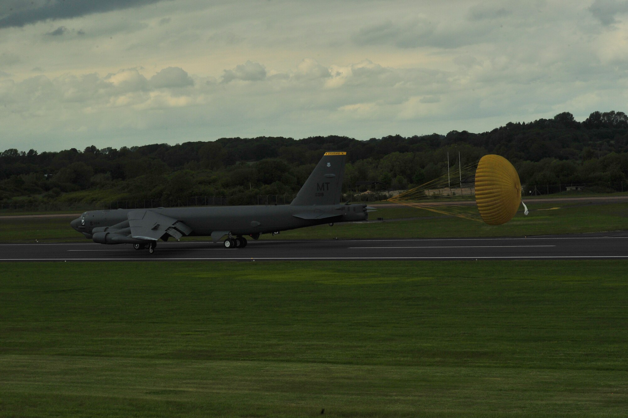 A B-52 Stratofortress assigned to the 5th Bomb Wing, Minot Air Force Base, North Dakota, arrives at Royal Air Force (RAF) Fairford, United Kingdom, June 5, 2015. During the short-term deployment, three Minot-based B-52 bombers, supported by more than 330 Air Force Global Strike Command Airmen, are scheduled to conduct training flights with ground and naval forces around the region and participate in multinational Exercises BALTOPS 15 and SABER STRIKE 15 over international waters in the Baltic Sea and the territory of the Baltic states and Poland. (U.S. Air Force photo by Senior Airman Malia Jenkins/Released) 