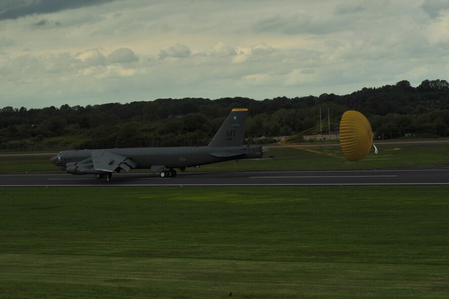 A B-52 Stratofortress assigned to the 5th Bomb Wing, Minot Air Force Base, North Dakota, arrives at Royal Air Force (RAF) Fairford, United Kingdom, June 5, 2015. During the short-term deployment, three Minot-based B-52 bombers, supported by more than 330 Air Force Global Strike Command Airmen, are scheduled to conduct training flights with ground and naval forces around the region and participate in multinational Exercises BALTOPS 15 and SABER STRIKE 15 over international waters in the Baltic Sea and the territory of the Baltic states and Poland. (U.S. Air Force photo by Senior Airman Malia Jenkins/Released) 