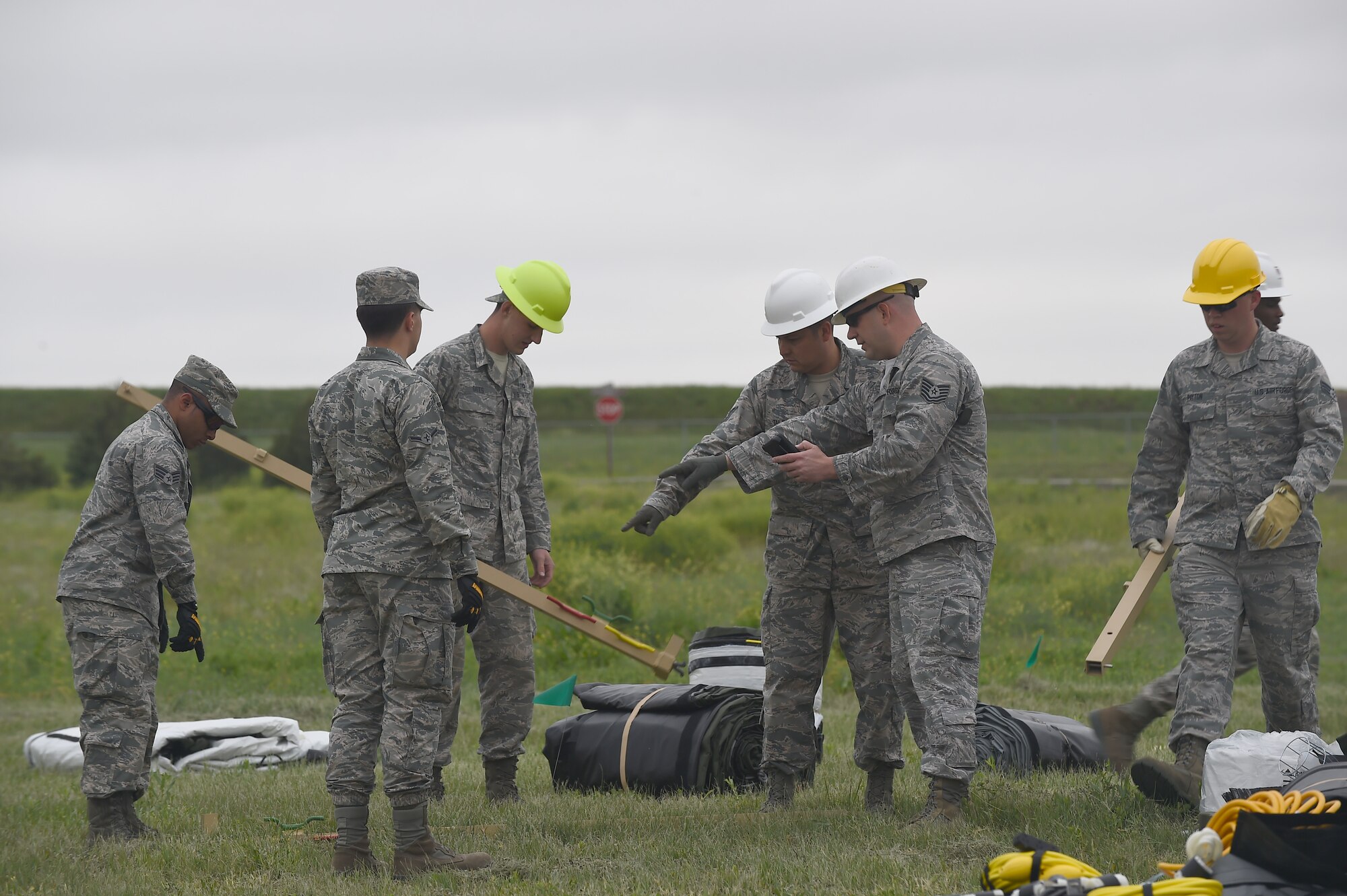 The 460th Civil Engineer Squadron constructed a tent city for incoming Combat Logistics Battalion-453 Marine Reserves who are completing their annual training June 3, 2015 on Buckley Air Force Base, Colo. The tent city, which included 10 tents, complete with electrical and air conditioning, took the 460th CES 11 hours to complete. Every shop had a hand in the construction and set up of the tents. (U.S. Air Force photo by Airman 1st Class Luke W. Nowakowski/Released)