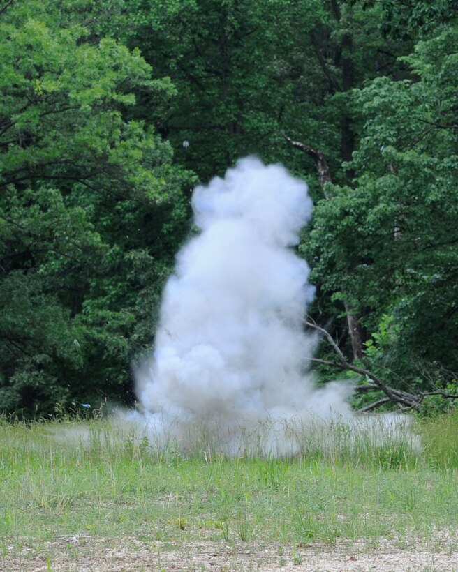 A simulated improvised explosive device is destroyed by a detonation set by EOD technicians June 4, 2015, on Joint Base Andrews, Md. EOD technicians can dispose of devices in a number of ways, one is to clear the area and detonate the device as intended. (U.S. Air Force photo by Senior Airman Preston Webb/Released)Released)