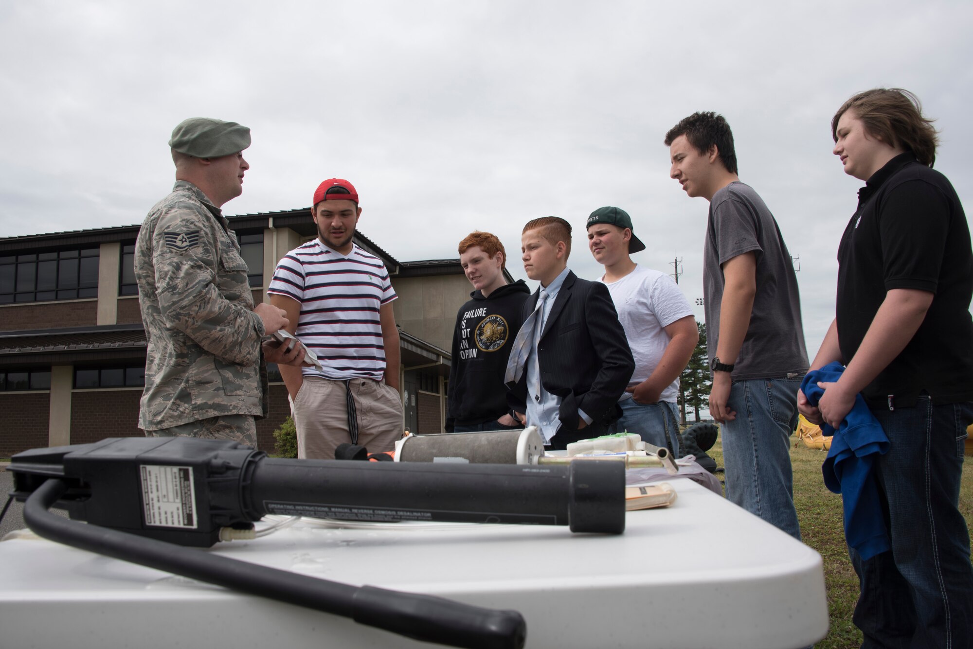 Staff Sgt. Joshua Schmitz, 305th Operations Support Squadron Survival,
Evasion, Resistance and Escape specialist, educates students from Pemberton
Township High School about the resources available to pilots in case of an
emergency water landing during a Science, Technology, Engineering and Math
Exposition at Joint Base McGuire-Dix-Lakehurst, N.J., June 4, 2015. This
year's STEM Expo brought together units from across the installation to
demonstrate the advancements in military systems to the kids, giving them
hands-on examples of how what they learn in class is applied to the real
world. (U.S. Air Force photo by Tara A. Williamson/Released)
