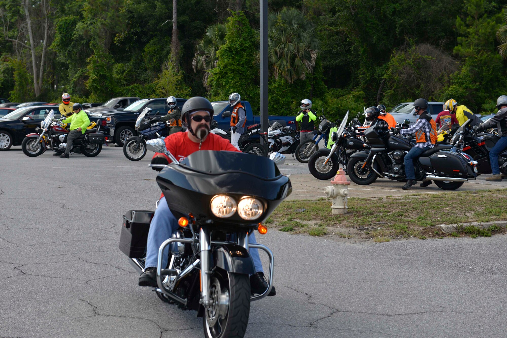 Todd Bailey, of the Air Forces Northern Operations Directorate, heads out for the ‘group ride’ portion of the motorcycle training. Riding motorcycles with others helps reinforce the lessons learned in the classroom part of the training. (U.S. Air Force photo released/Tech. Sgt. Ed Staton)
