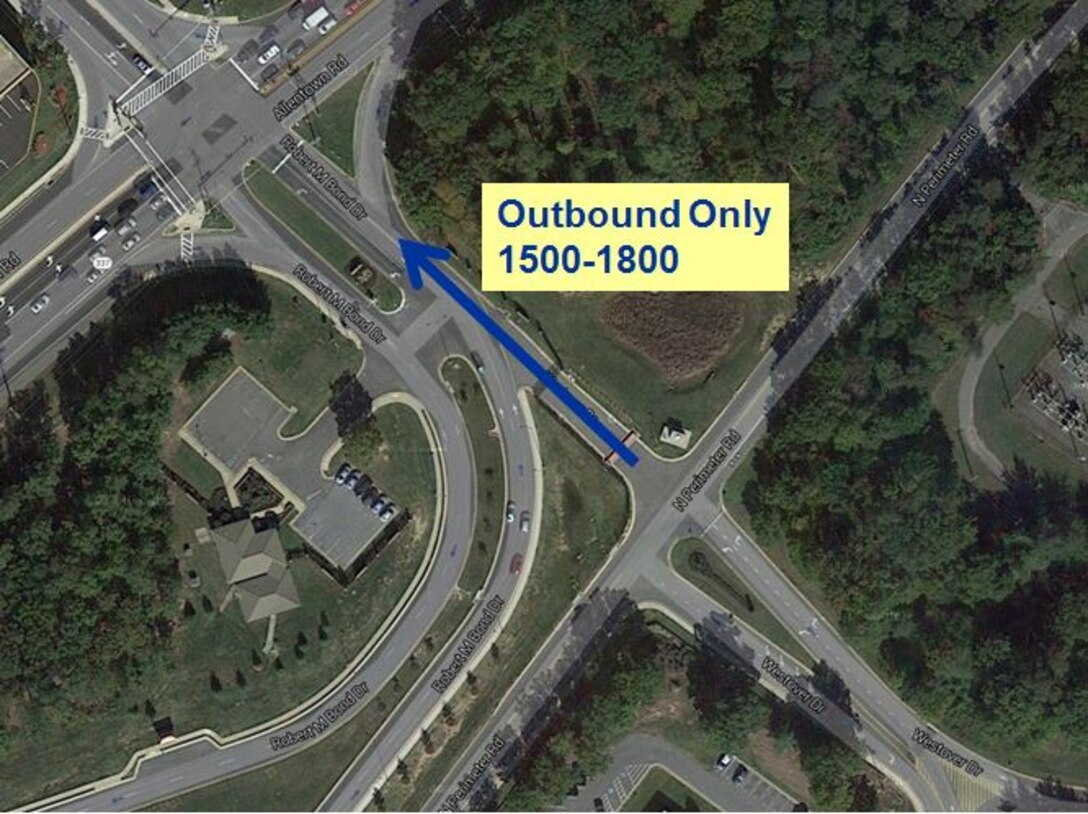 The outbound lanes at the Main gate on Joint Base Andrews, Md., will be closed June 15 through July 1, 2015, due to construction. The outbound lanes at Westover Gate, also known as Old Main Gate, located at the intersection of North Perimeter Road and Westover Drive will be opened daily from 3:00 p.m. - 6:00 p.m. for individuals departing the installation.  