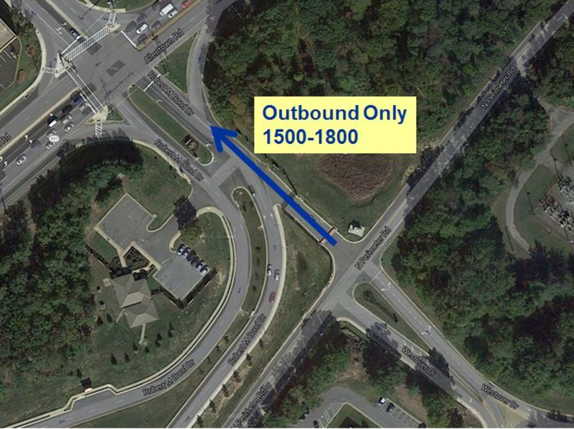 The outbound lanes at the Main gate on Joint Base Andrews, Md., will be closed June 15 through July 1, 2015, due to construction. The outbound lanes at Westover Gate, also known as Old Main Gate, located at the intersection of North Perimeter Road and Westover Drive will be opened daily from 3:00 p.m. - 6:00 p.m. for individuals departing the installation.  