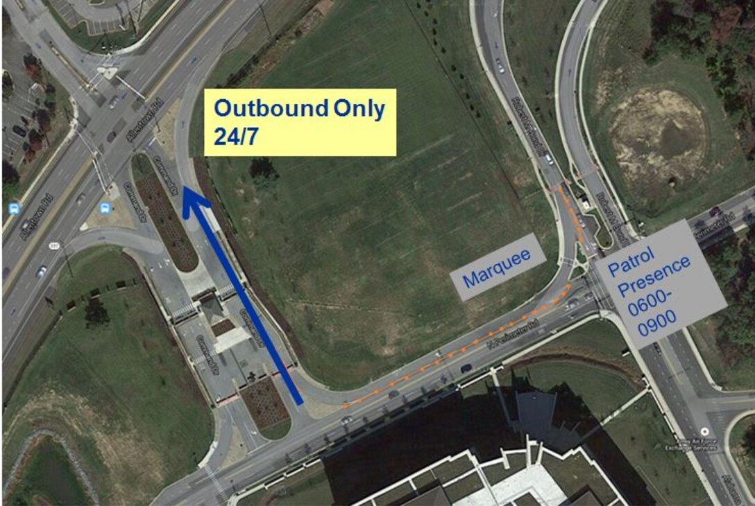 The outbound lanes at the Main Gate on Joint Base Andrews, Md., will be closed, June 15 through July 1, 2015, due to construction. Inbound lanes and the Visitor Control Center will be open normally.  To ease traffic congestion during this time, the West Gate, adjacent to Building 1500, will be open 24/7 for outbound traffic only.  
