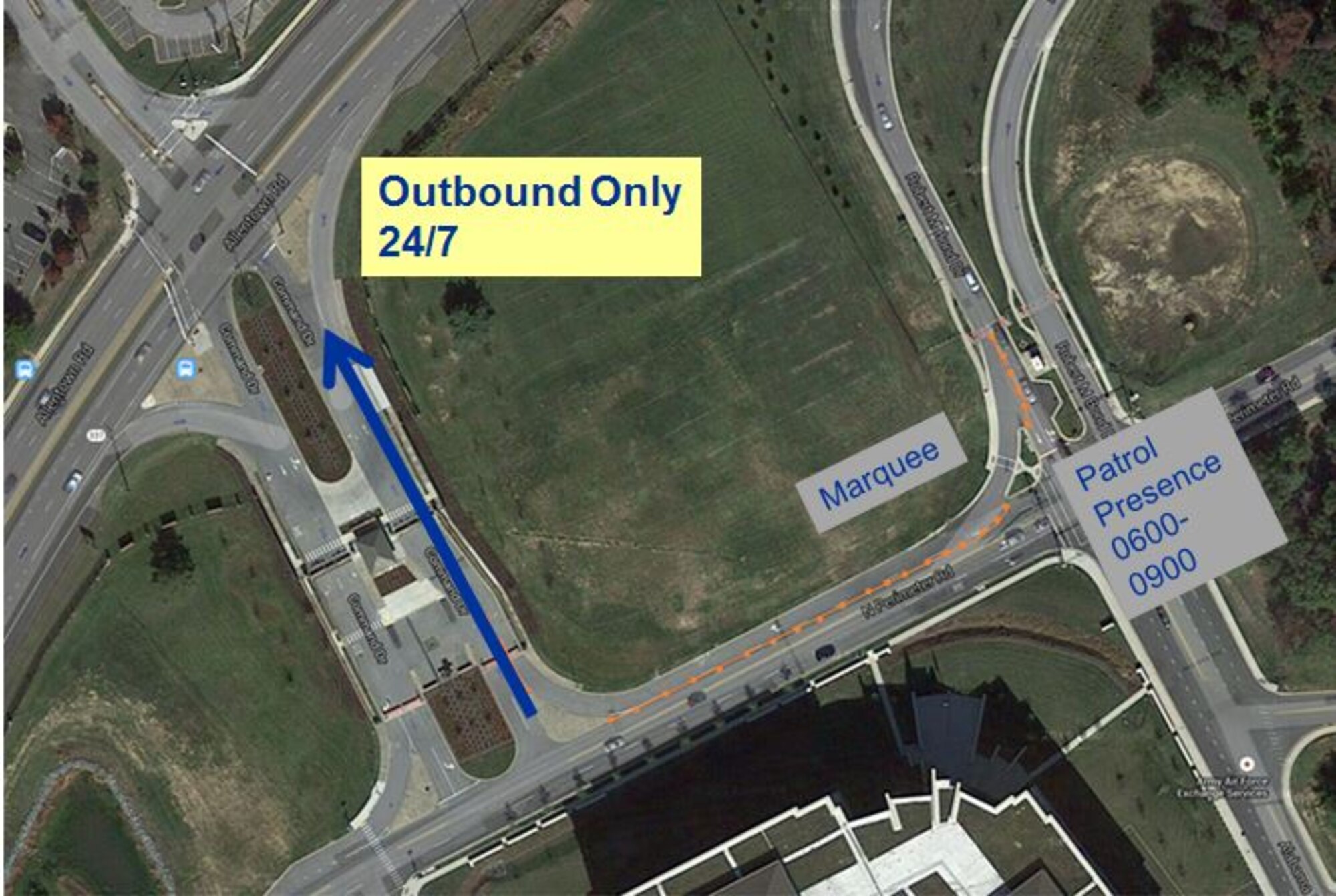 The outbound lanes at the Main Gate on Joint Base Andrews, Md., will be closed, June 15 through July 1, 2015, due to construction. Inbound lanes and the Visitor Control Center will be open normally.  To ease traffic congestion during this time, the West Gate, adjacent to Building 1500, will be open 24/7 for outbound traffic only.  