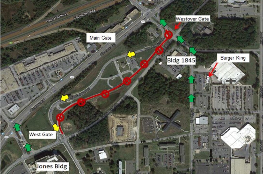 The outbound lanes at the Main Gate on Joint Base Andrews, Md., will be closed, June 15 through July 1, 2015, due to construction. Inbound lanes and the Visitor Control Center will be open normally.  To ease traffic congestion during this time, the West Gate, adjacent to Building 1500, will be open 24/7 for outbound traffic only.  